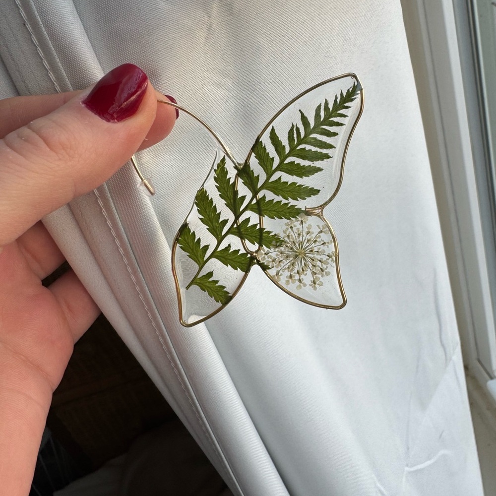 Bohemian Green Fern Butterfly Earrings Gold